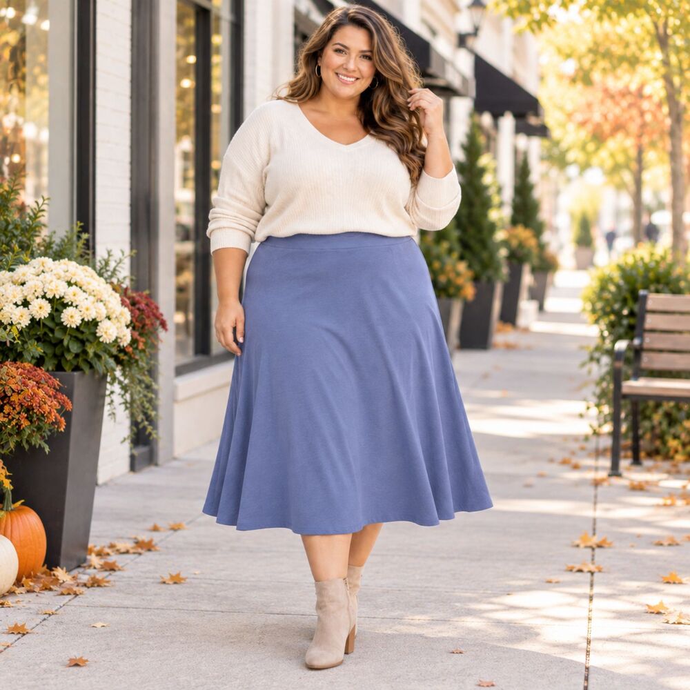 Plus Size 4X Periwinkle Blue A-Line Midi Skirt Stretch Pull-On Elastic Waist NWT
